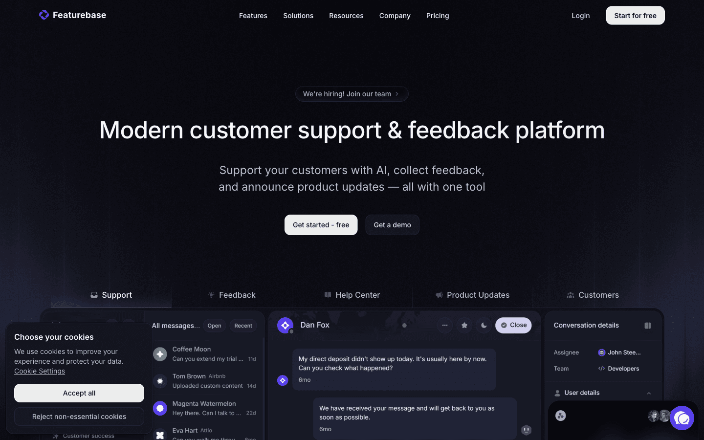 Featurebase homepage screenshot