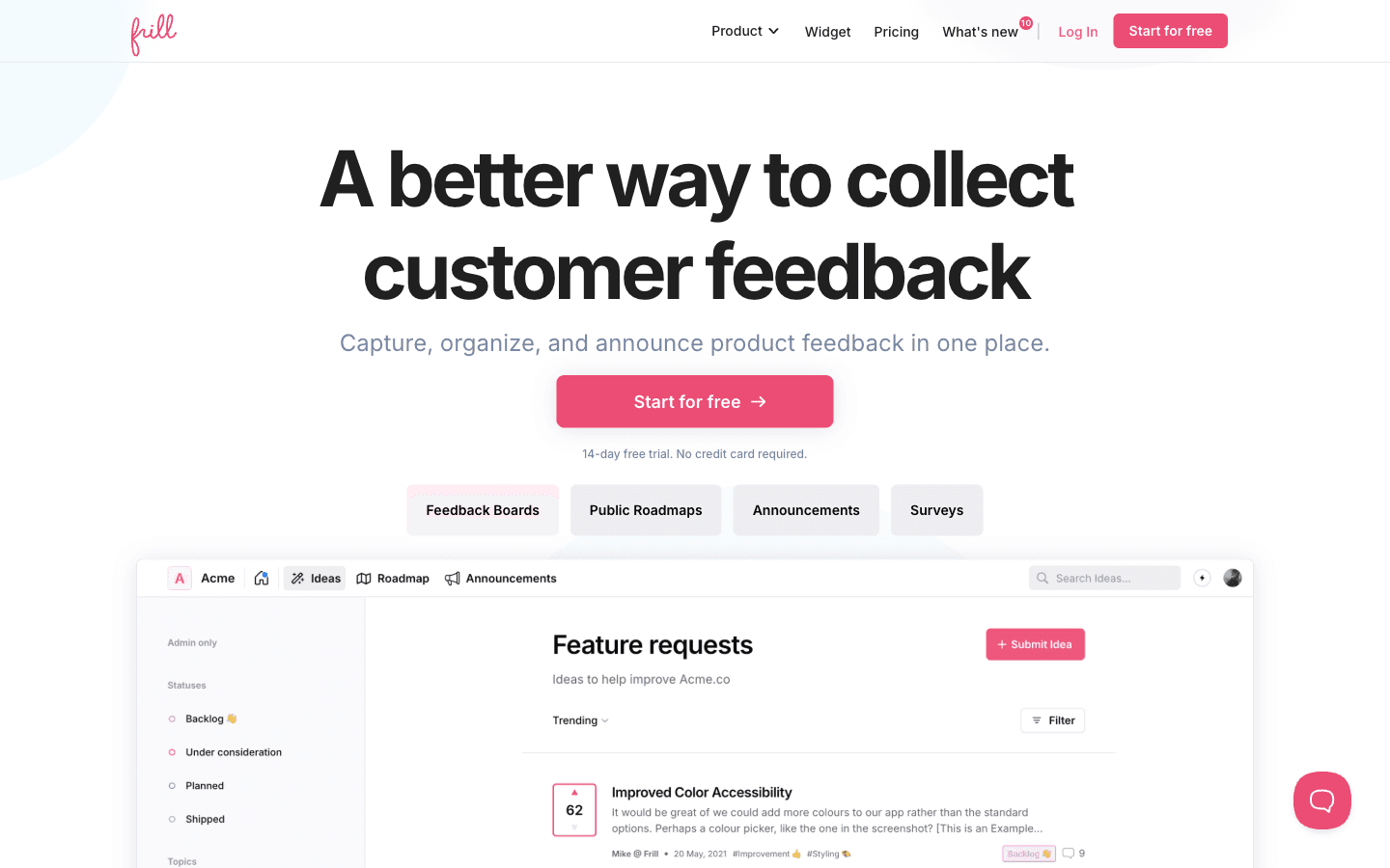 Frill homepage screenshot